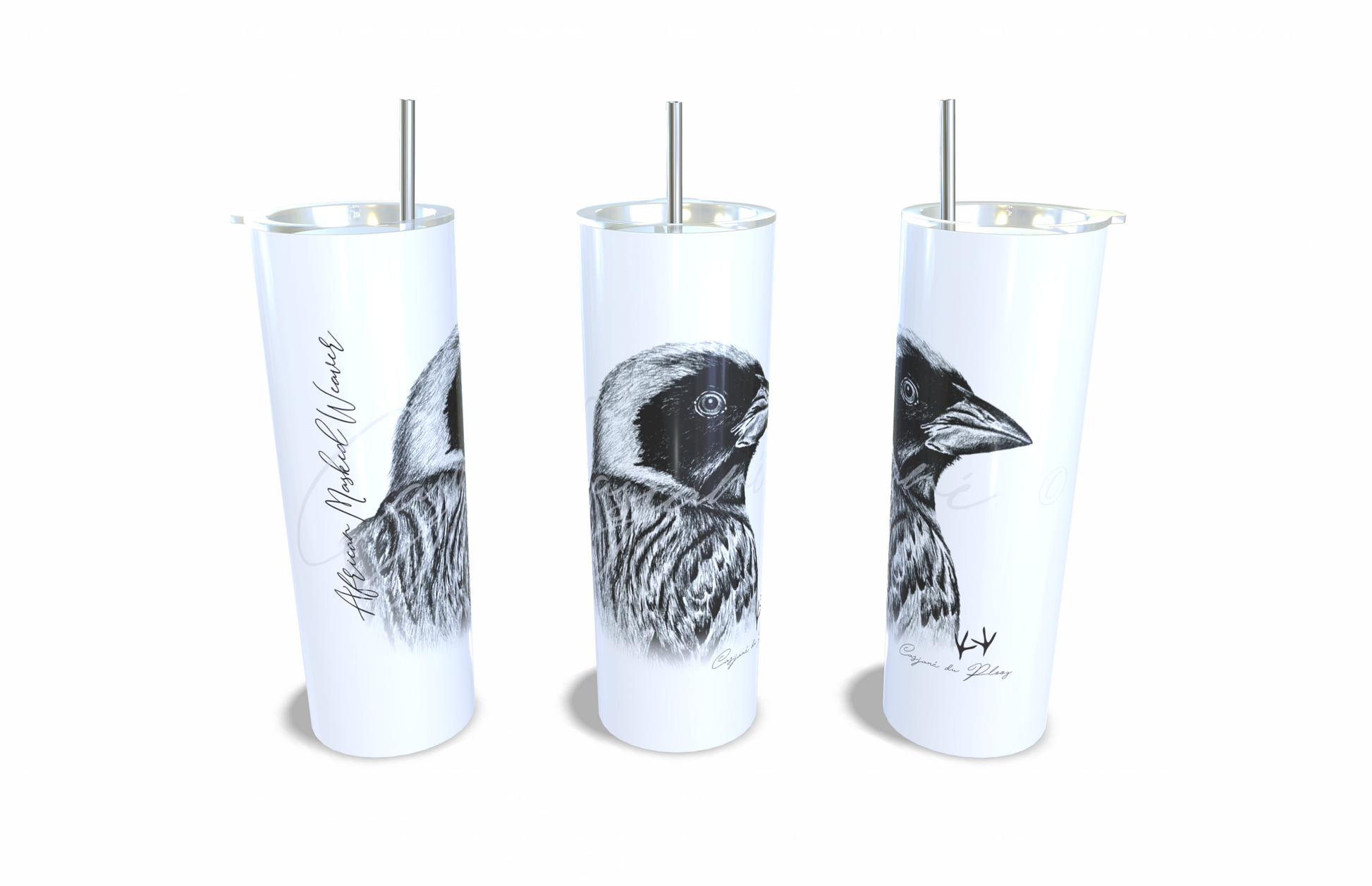 African masked weaver 20oz Stainless Steel Tumbler full front view hand-drawn by Casjane du plooy art