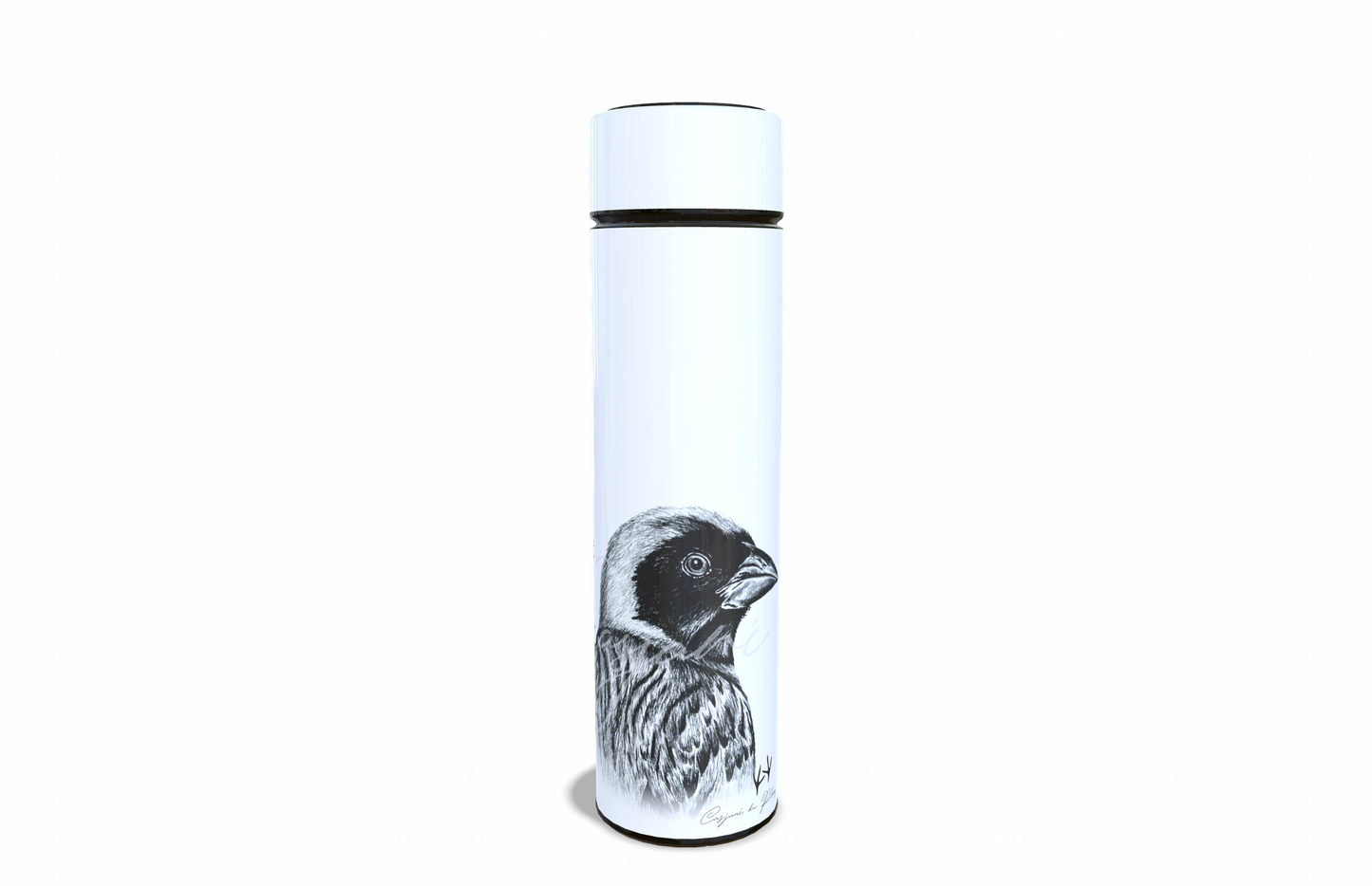 African masked weaver 450ml Thermal flasks front view - Hand-Drawn by Casjané du plooy Art