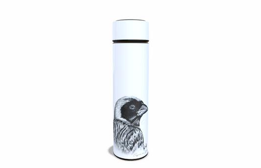 African masked weaver 450ml Thermal flasks front view - Hand-Drawn by Casjané du plooy Art