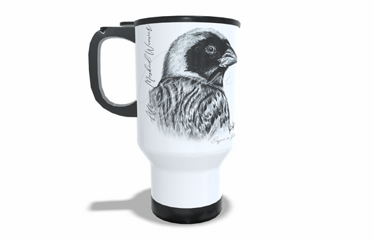 African masked weaver Stainless Steel Travel Mug front view - Hand-Drawn by Casjané du Plooy Art