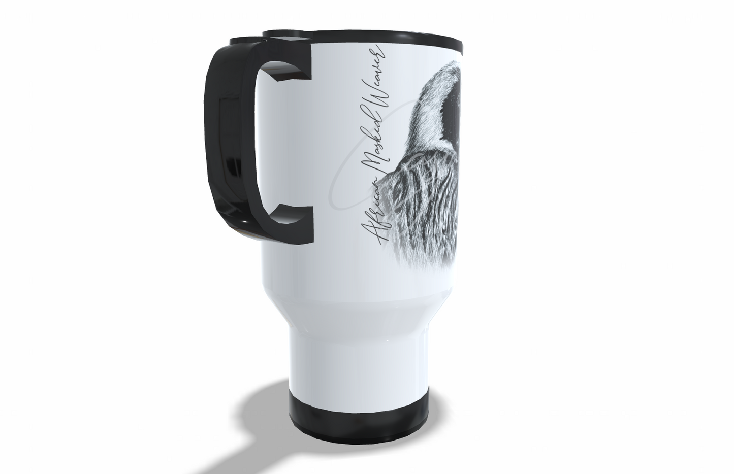 African masked weaver Stainless Steel Travel Mug left view - Hand-Drawn by Casjané du Plooy Art