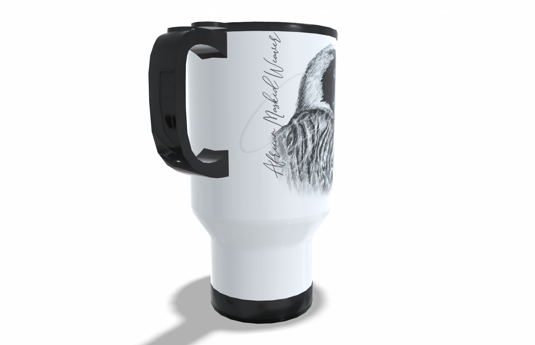 African masked weaver Stainless Steel Travel Mug left view - Hand-Drawn by Casjané du Plooy Art