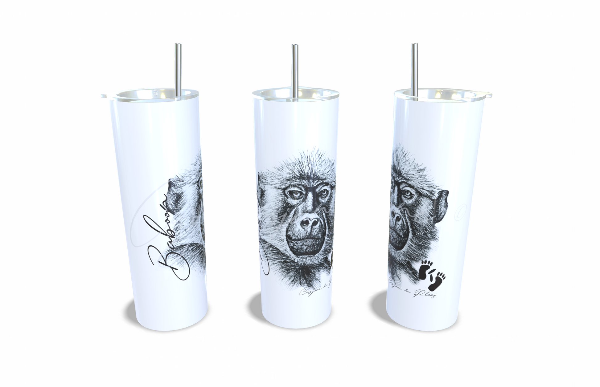 Baboon 20oz Stainless Steel Tumbler full front view hand-drawn by Casjane du plooy art