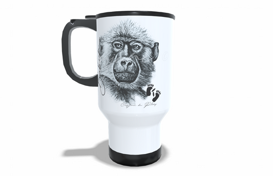 Baboon Stainless Steel Travel Mug front view - Hand-Drawn by Casjané du Plooy Art