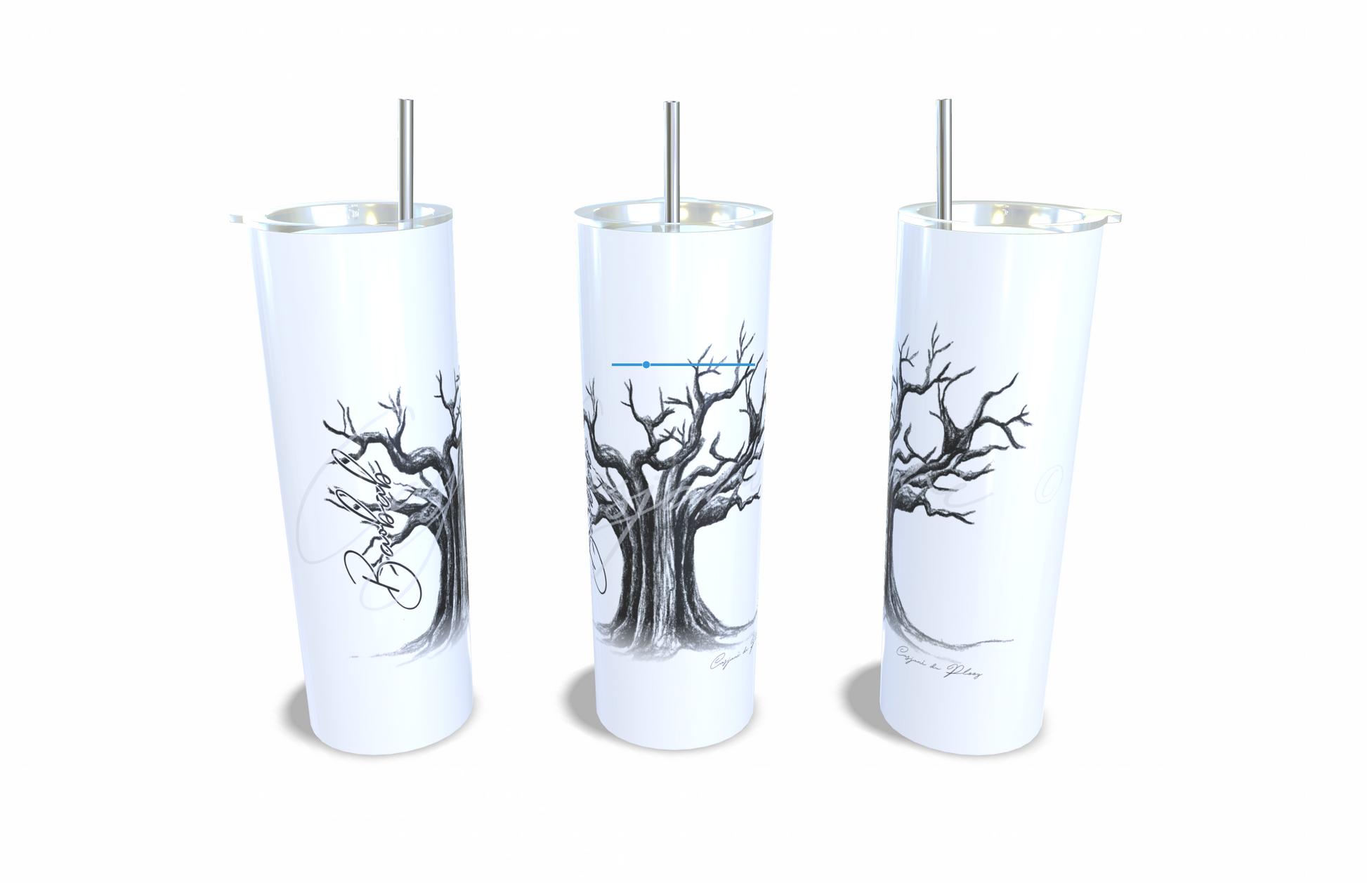 Baobab 20oz Stainless Steel Tumbler full front view hand-drawn by Casjane du plooy art