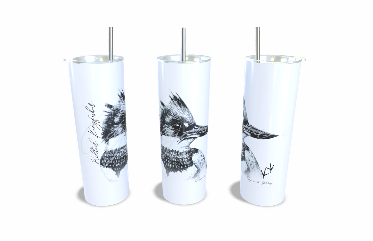 Belted Kingfisher 20oz Stainless Steel Tumbler full front view hand-drawn by Casjane du plooy art