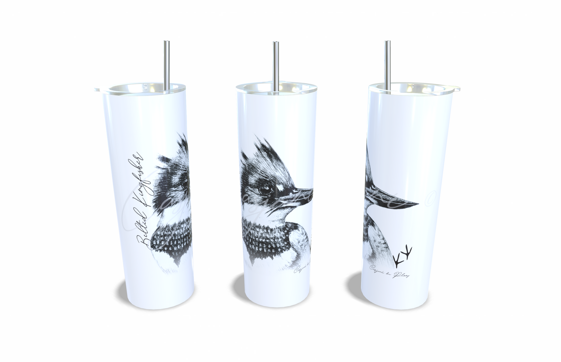 Belted Kingfisher 20oz Stainless Steel Tumbler full front view hand-drawn by Casjane du plooy art