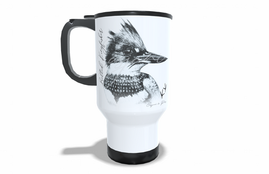 Belted Kingfisher Stainless Steel Travel Mug front view - Hand-Drawn by Casjané du Plooy Art