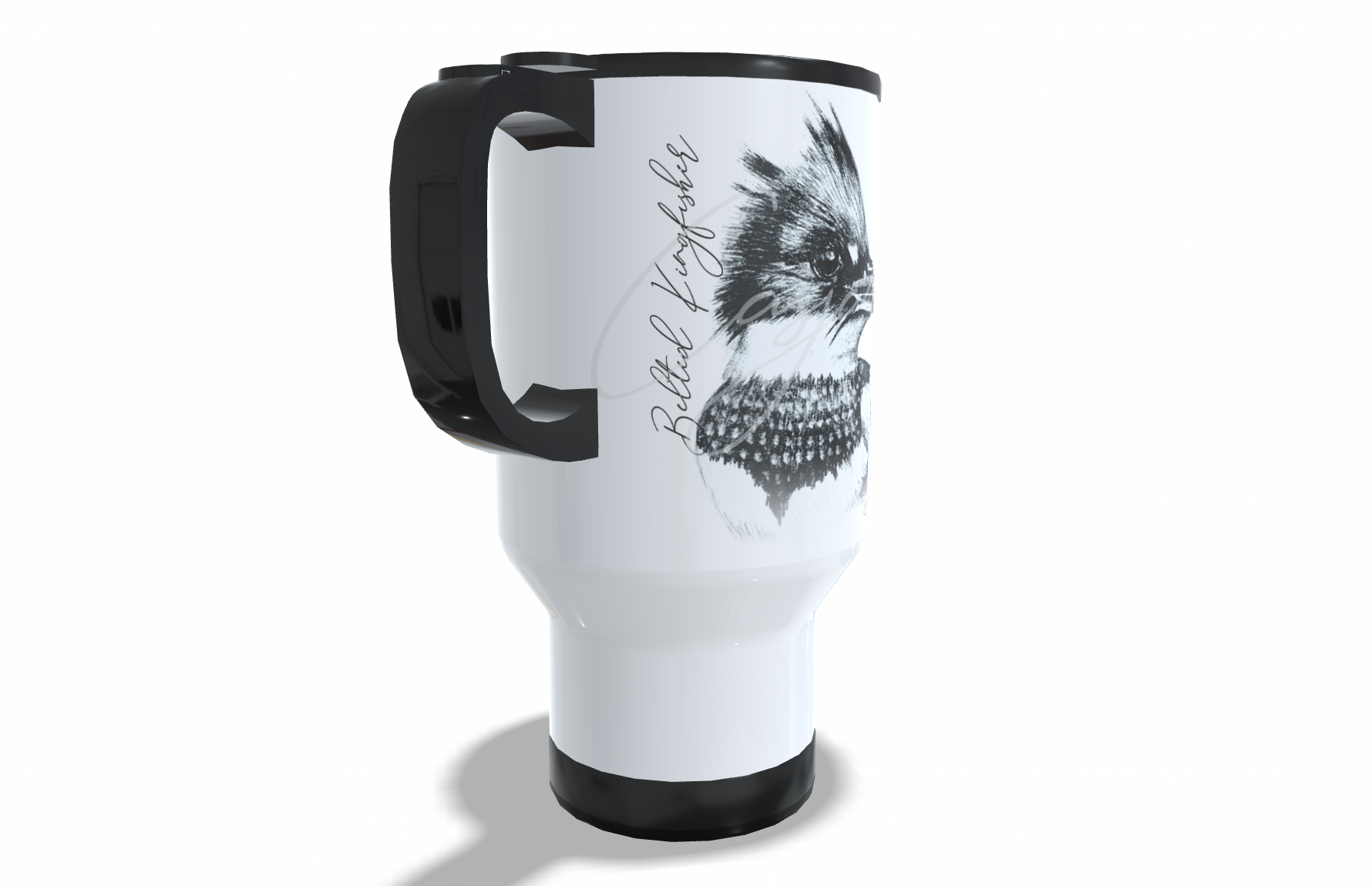 Belted Kingfisher Stainless Steel Travel Mug left view - Hand-Drawn by Casjané du Plooy Art