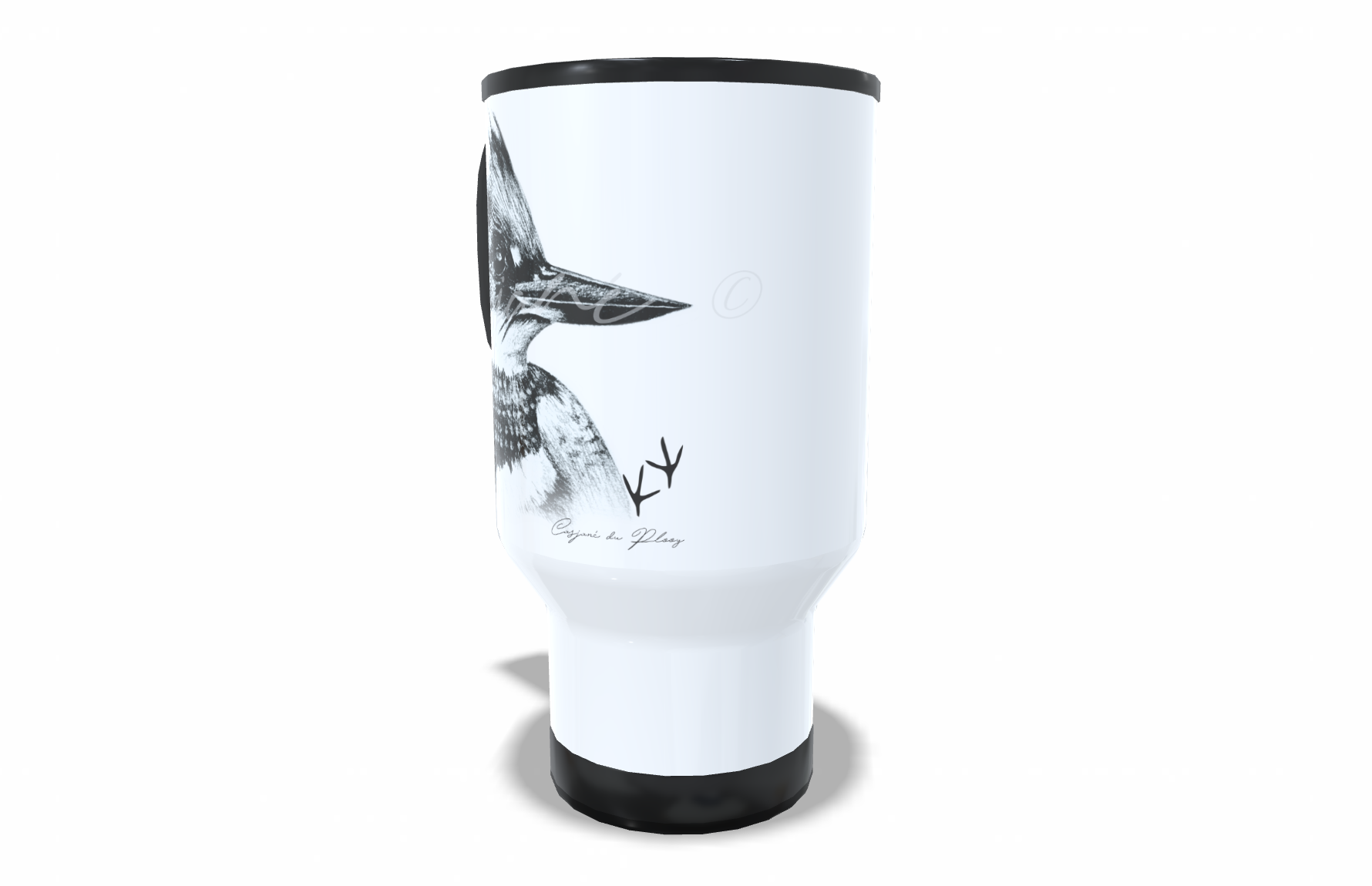 Belted Kingfisher Stainless Steel Travel Mug right view - Hand-Drawn by Casjané du Plooy Art