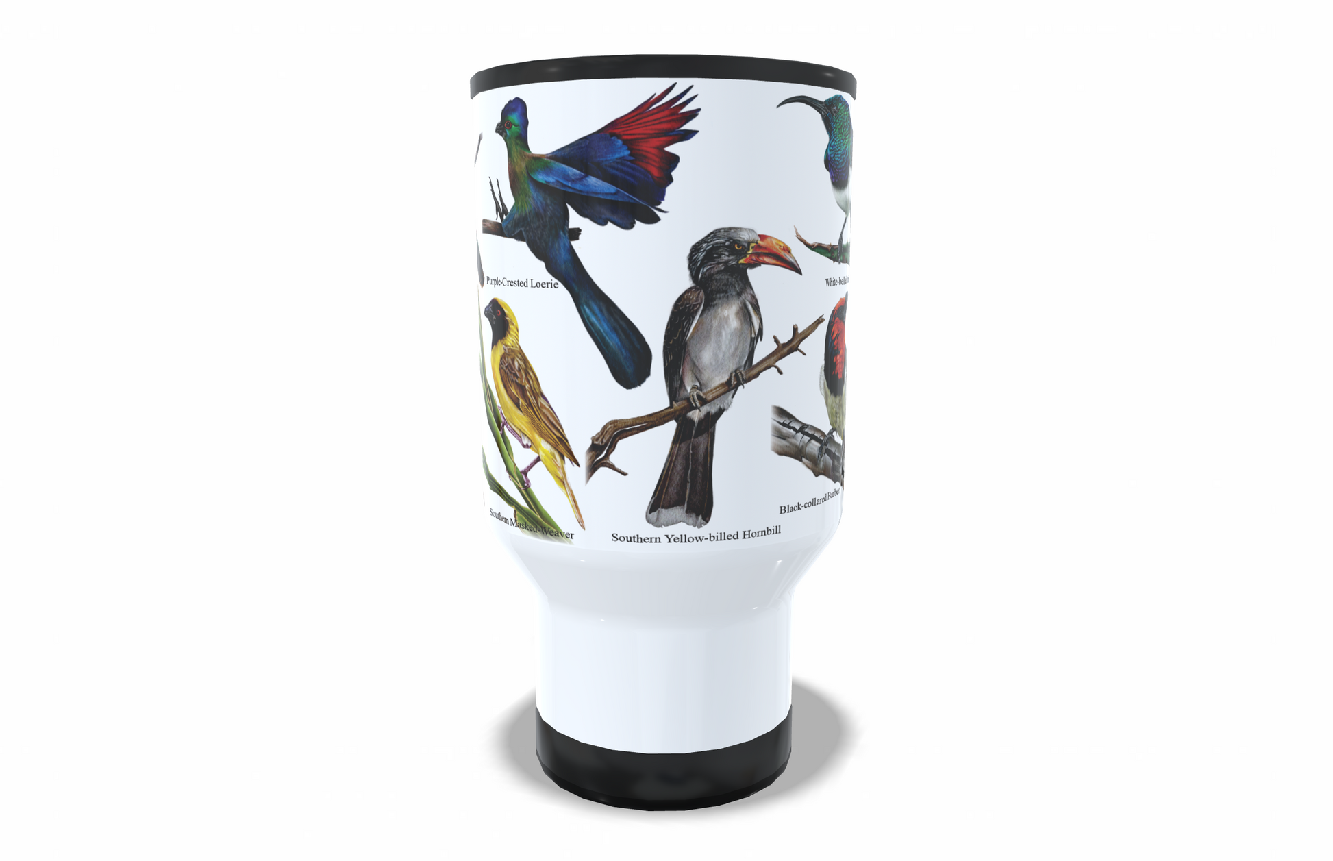 Bird Collection stainless steel travel mug front view  hand-drawn by Casjané du plooy art