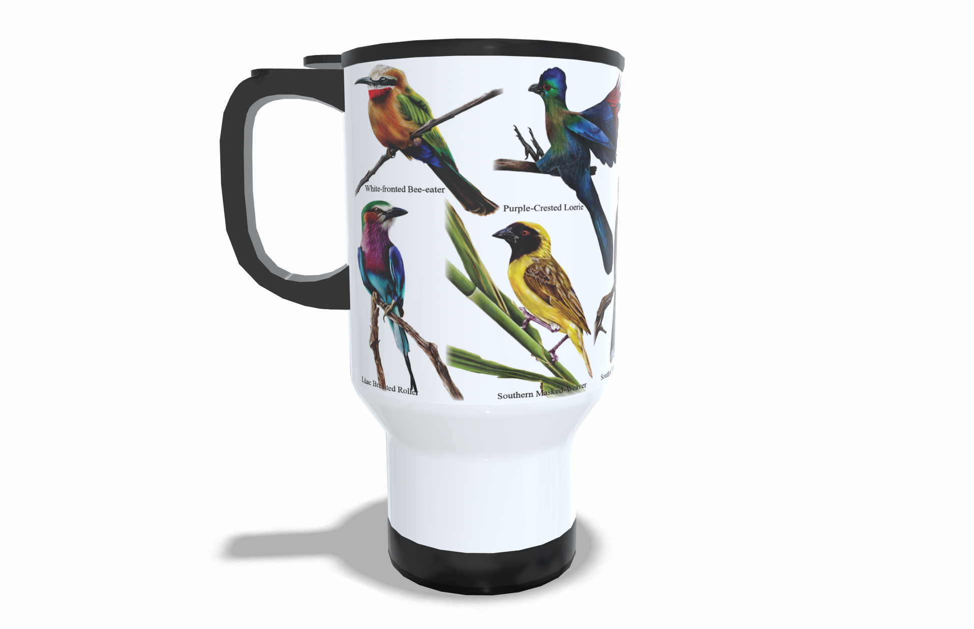 Bird Collection stainless steel travel mug left view  hand-drawn by Casjané du plooy art