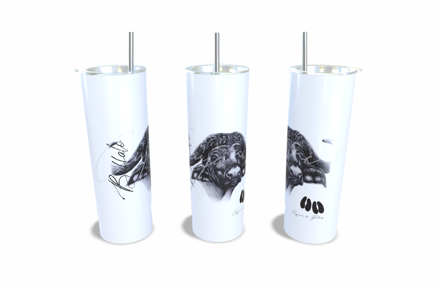 Buffalo 20oz Stainless Steel Tumbler full front view hand-drawn by Casjane du plooy art