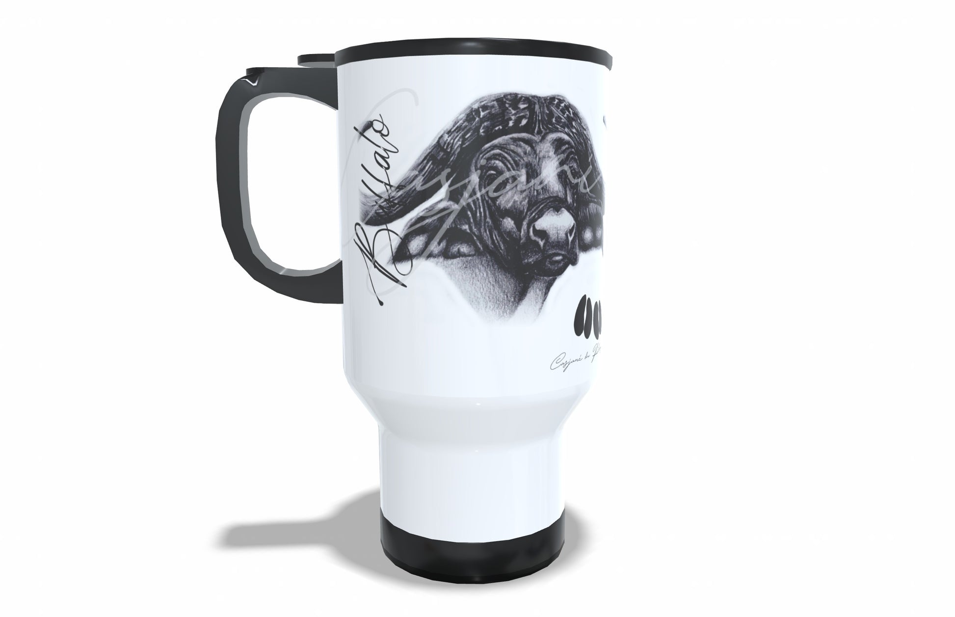 Buffalo Stainless Steel Travel Mug front view - Hand-Drawn by Casjané du Plooy Art