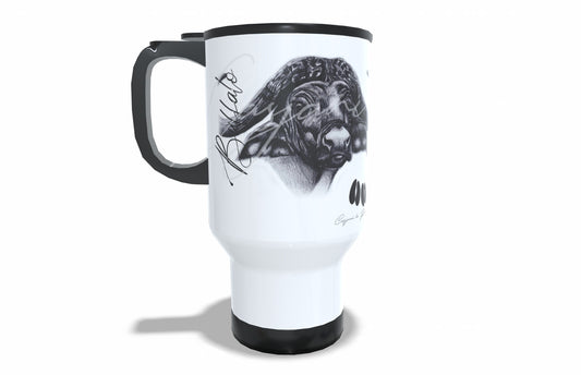 Buffalo Stainless Steel Travel Mug front view - Hand-Drawn by Casjané du Plooy Art