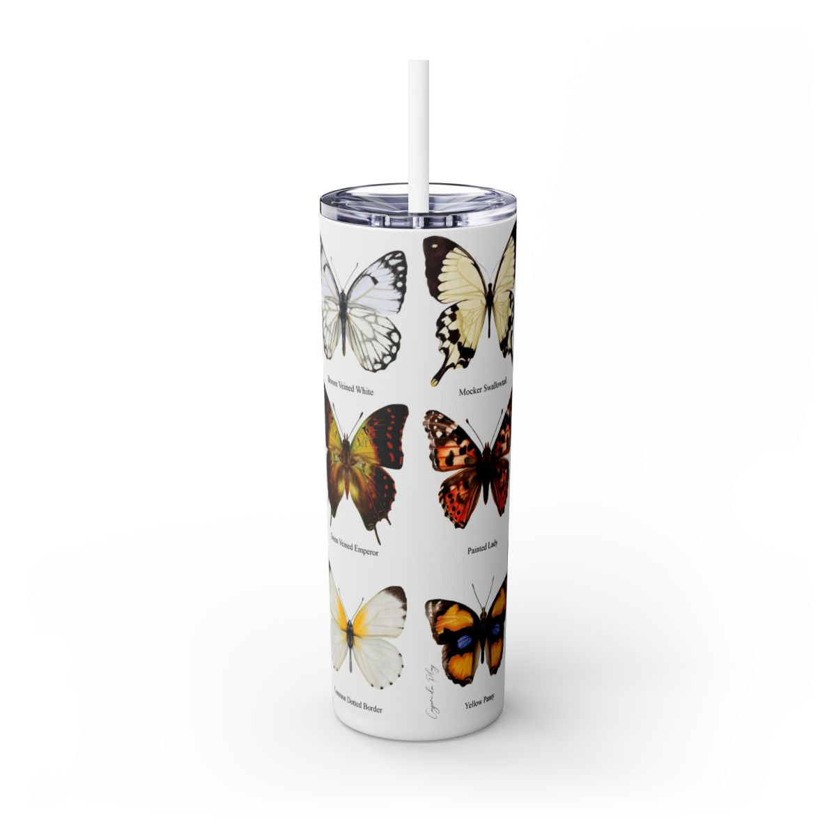 Butterfly 20oz Stainless Steel Tumbler back view hand-drawn by Casjane du plooy art