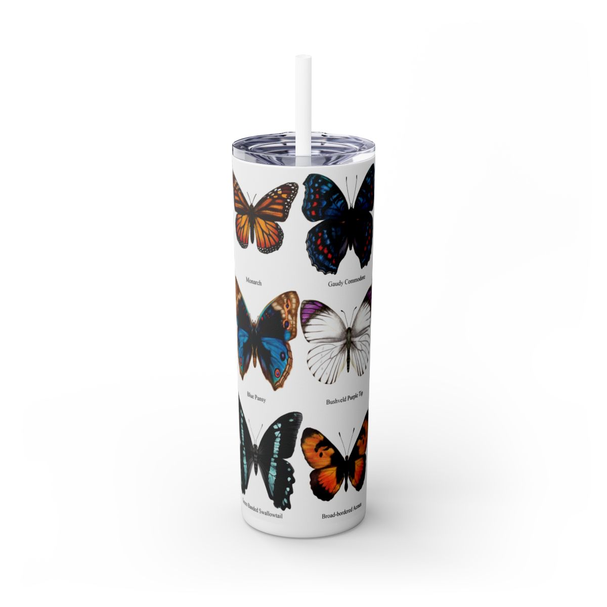 Butterfly 20oz Stainless Steel Tumbler front view hand-drawn by Casjane du plooy art