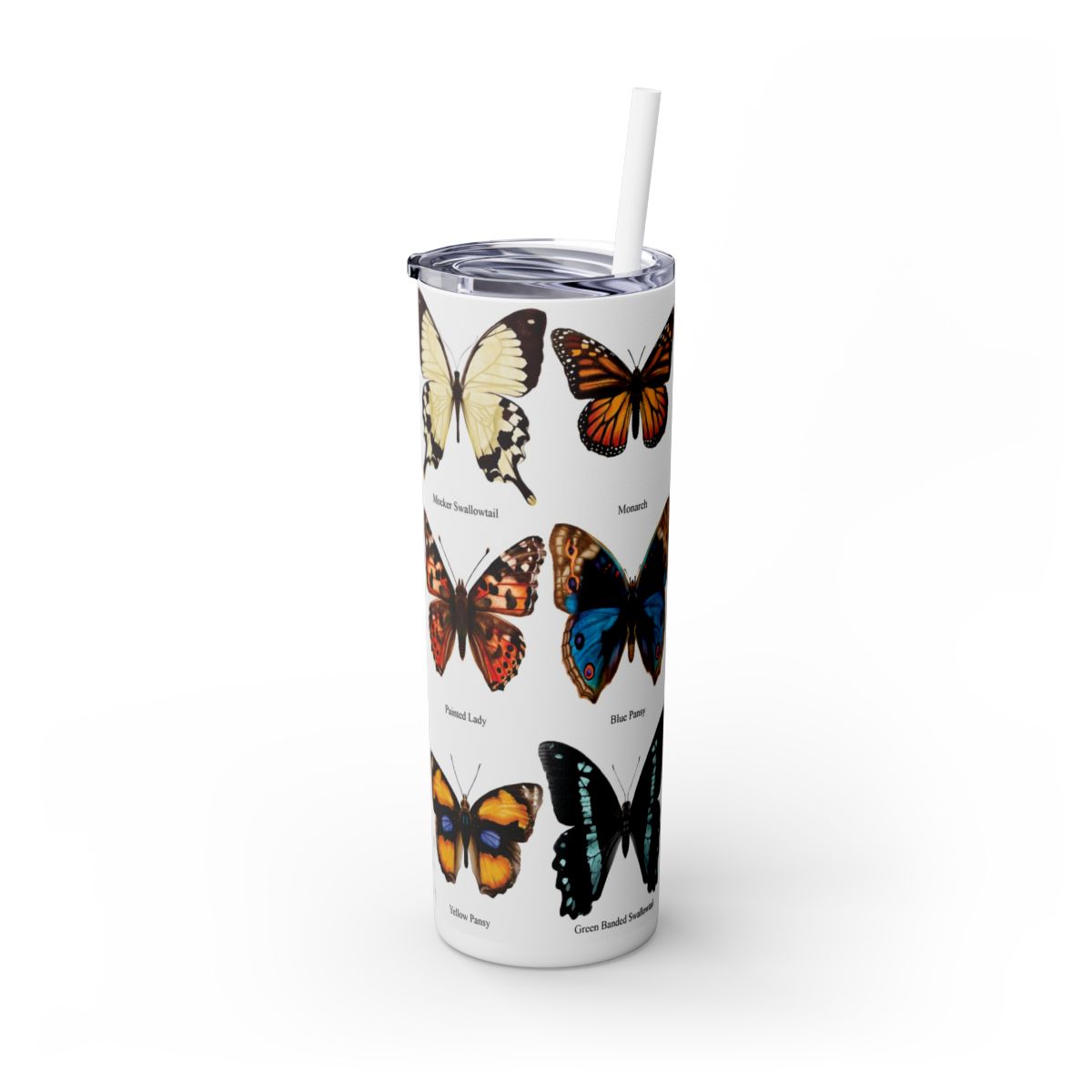 Butterfly 20oz Stainless Steel Tumbler left view hand-drawn by Casjane du plooy art
