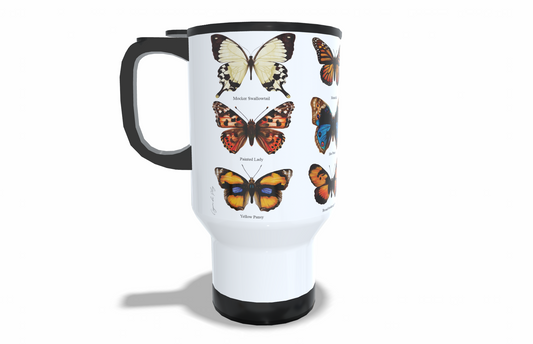 Butterfly Stainless Steel Travel Mug left view - Hand-Drawn by Casjané du Plooy Art
