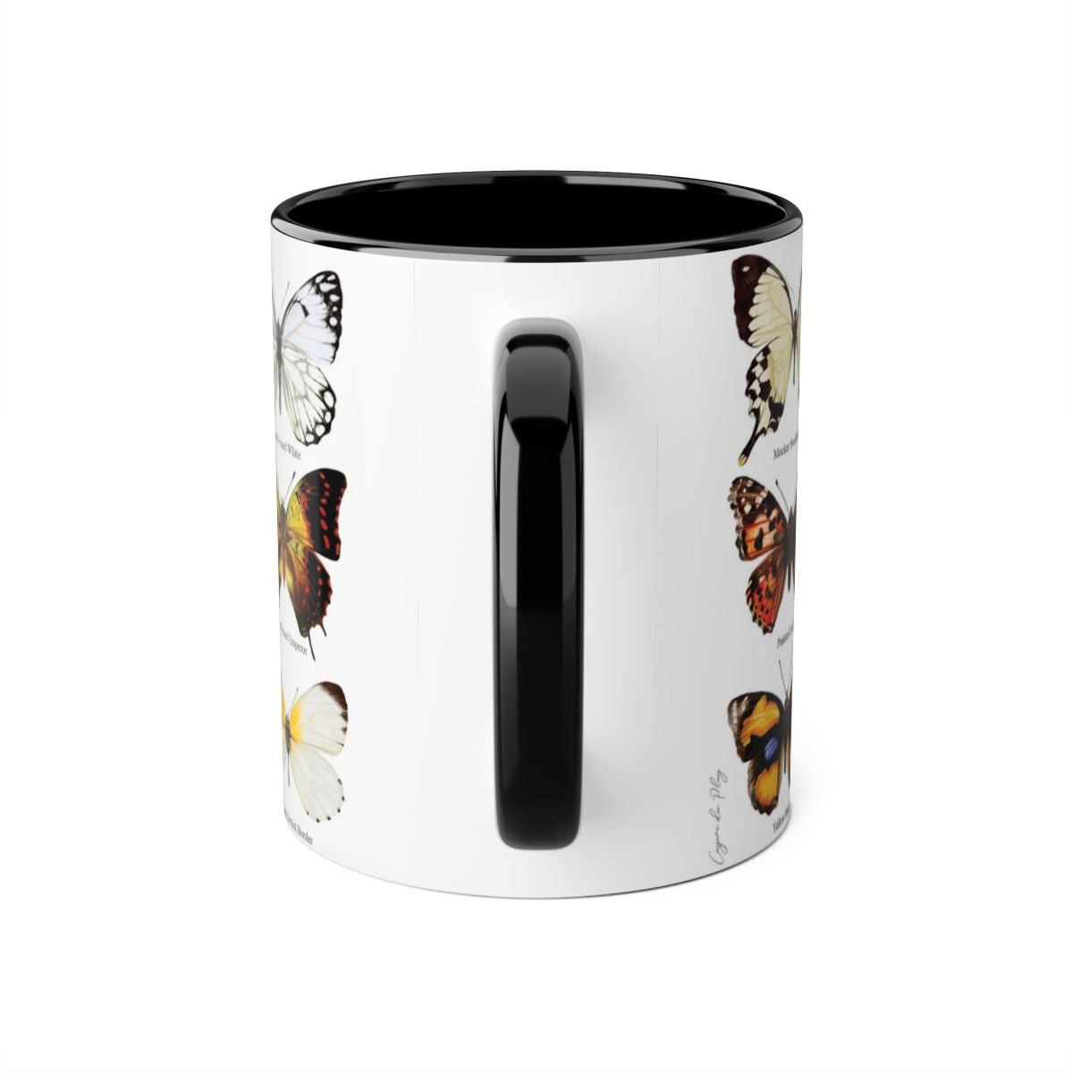 Butterfly ceramic coffee mug back view - hand-drawn by Casjané du plooy art