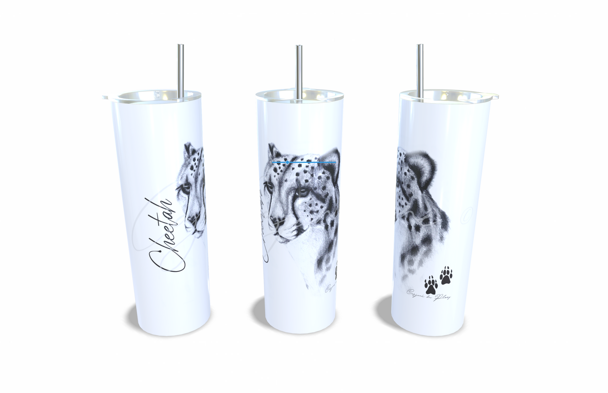 Cheetah 20oz Stainless Steel Tumbler full front view hand-drawn by Casjane du plooy art