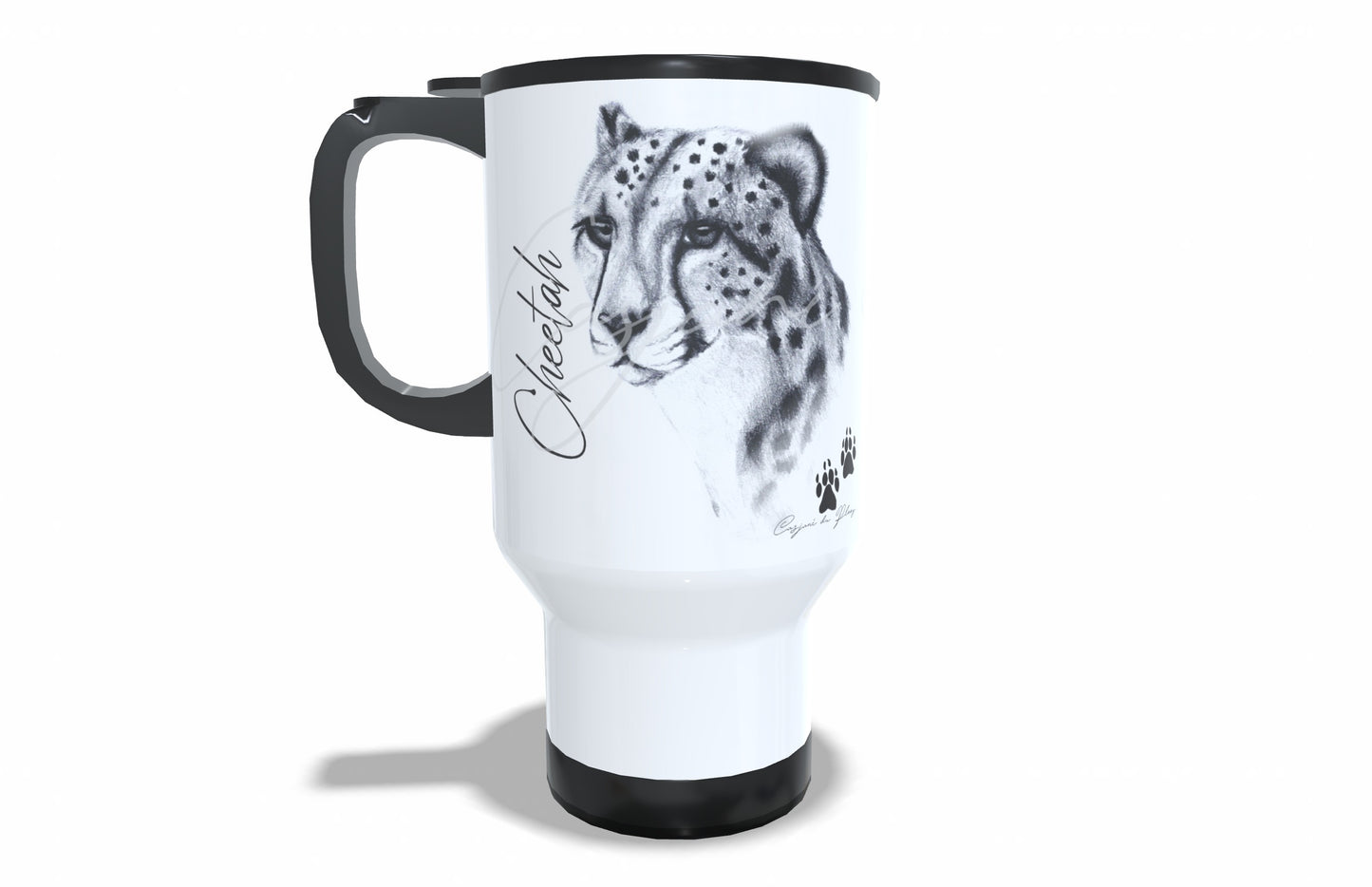 Cheetah Stainless Steel Travel Mug front view - Hand-Drawn by Casjané du Plooy Art