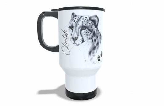 Cheetah Stainless Steel Travel Mug front view - Hand-Drawn by Casjané du Plooy Art