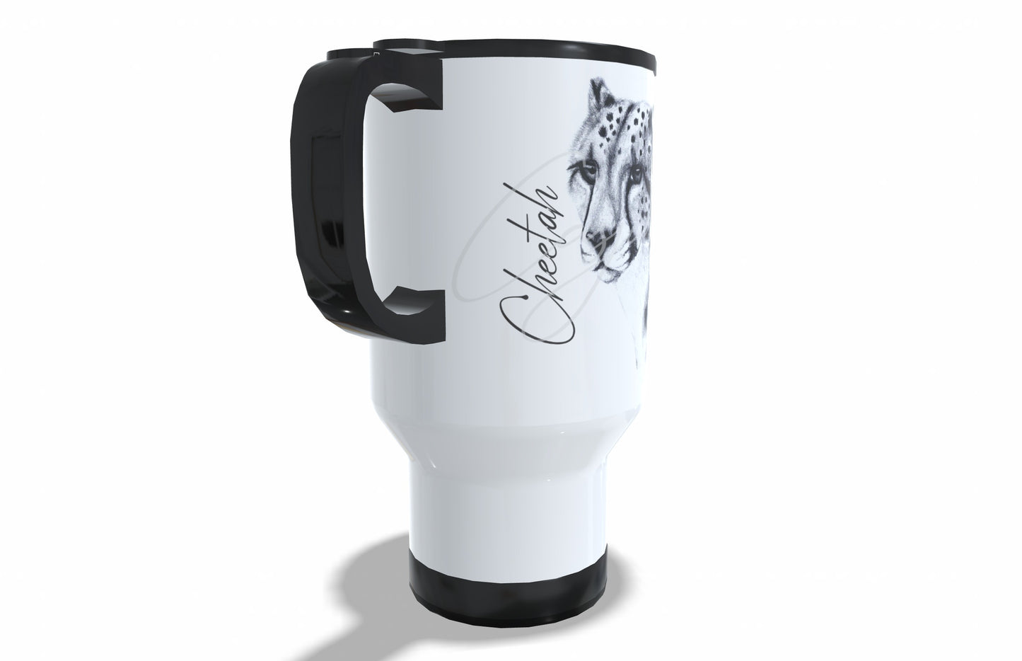 Cheetah Stainless Steel Travel Mug left view - Hand-Drawn by Casjané du Plooy Art