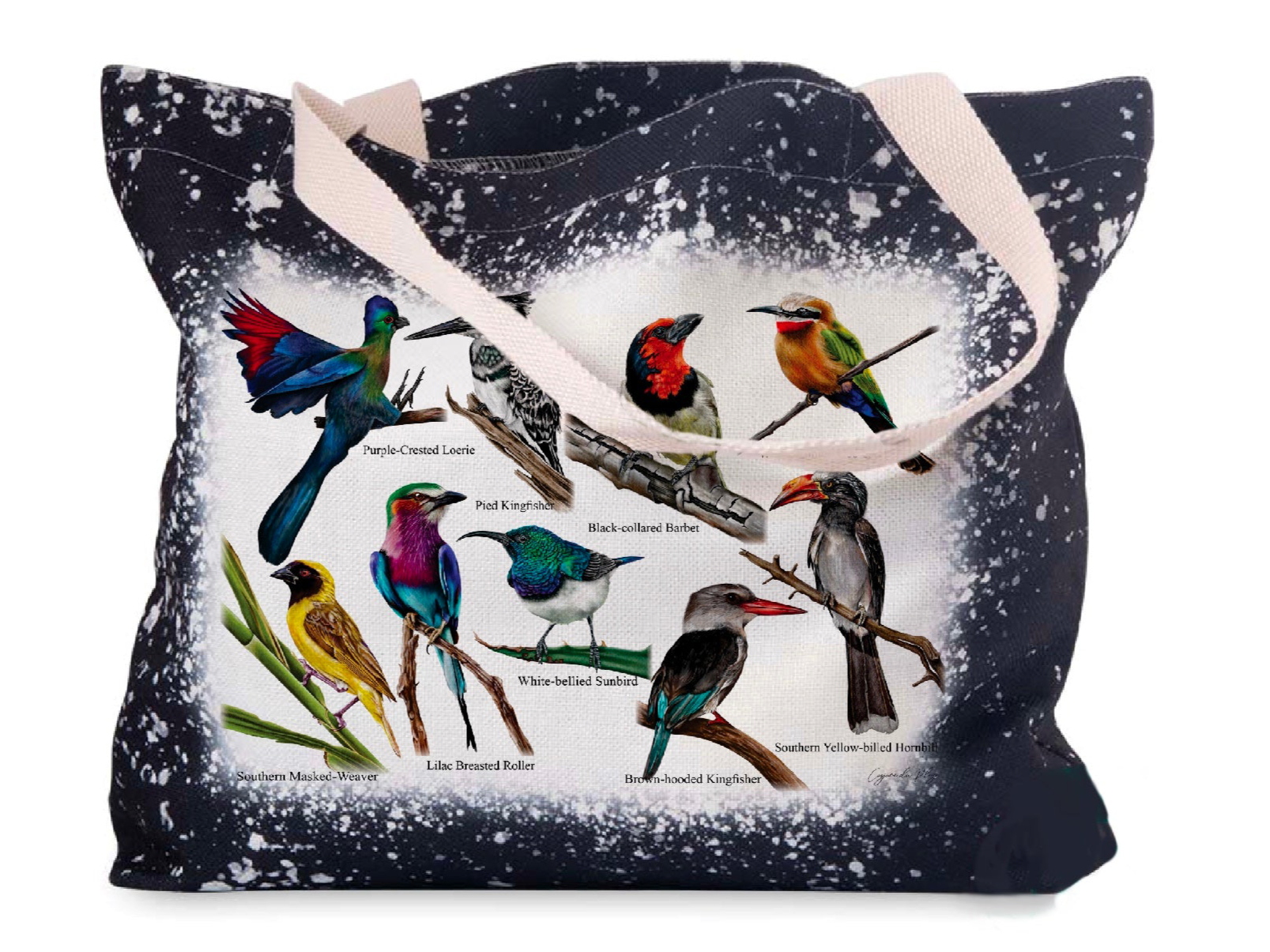 A black linen tote bag featuring hand-drawn colorful bird designs on the side, with a Bleached-style trim and a white handle.