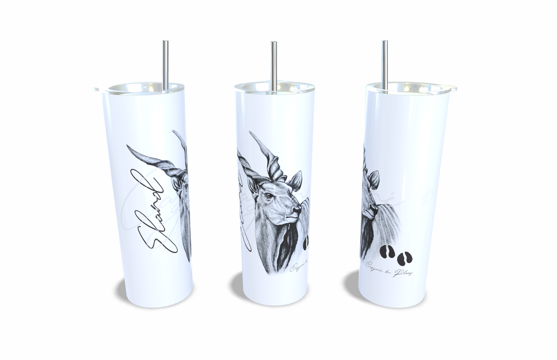 Eland 20oz Stainless Steel Tumbler full front view hand-drawn by Casjane du plooy art