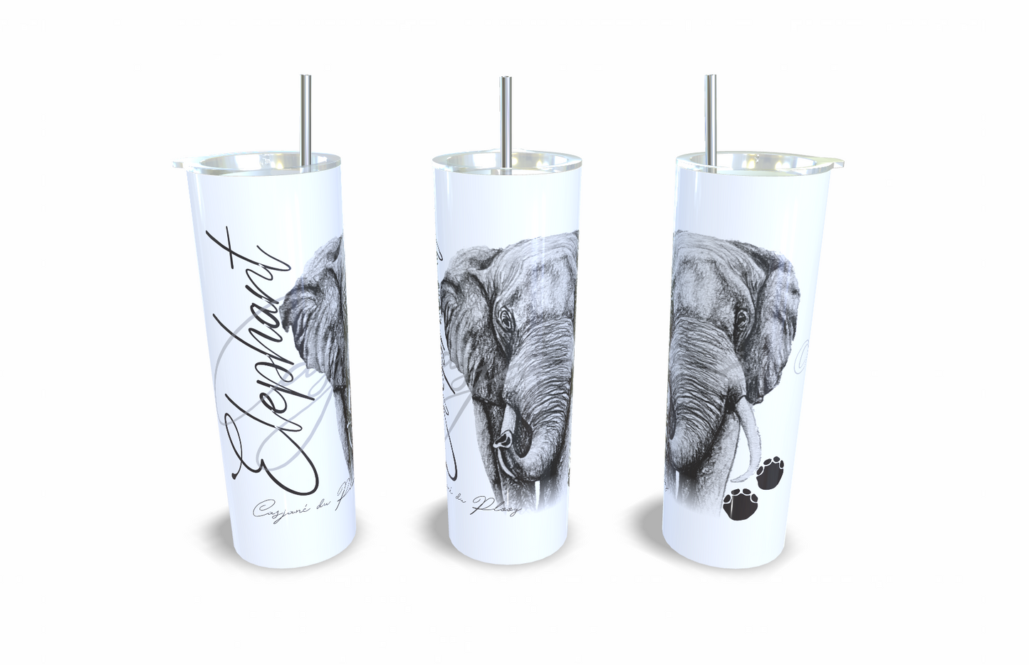 Elephant 20oz Stainless Steel Tumbler full front view hand-drawn by Casjane du plooy art