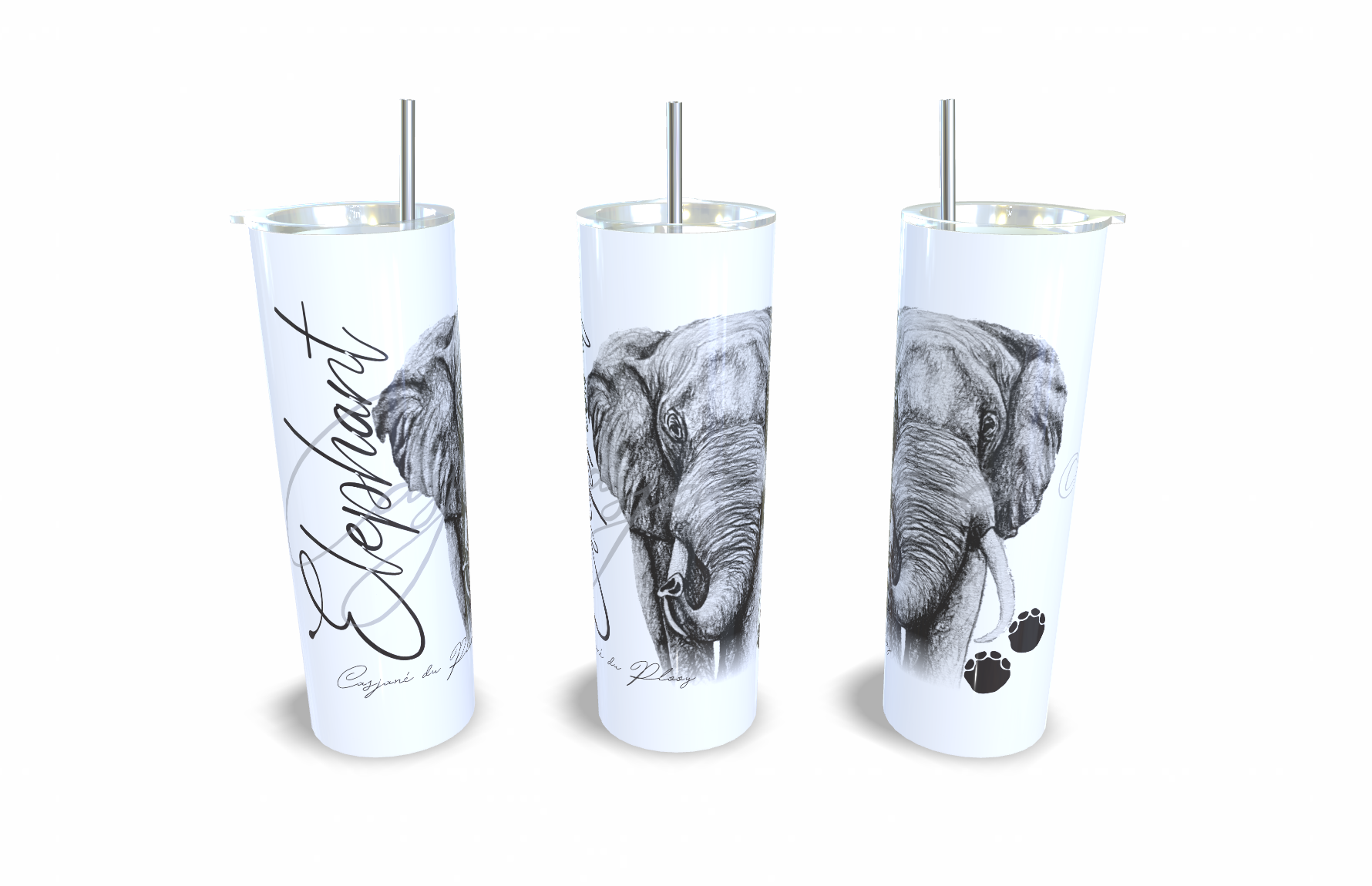 Elephant 20oz Stainless Steel Tumbler full front view hand-drawn by Casjane du plooy art