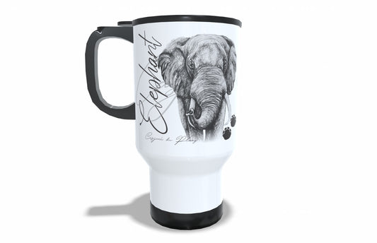 Elephant Stainless Steel Travel Mug front view - Hand-Drawn by Casjané du Plooy Art