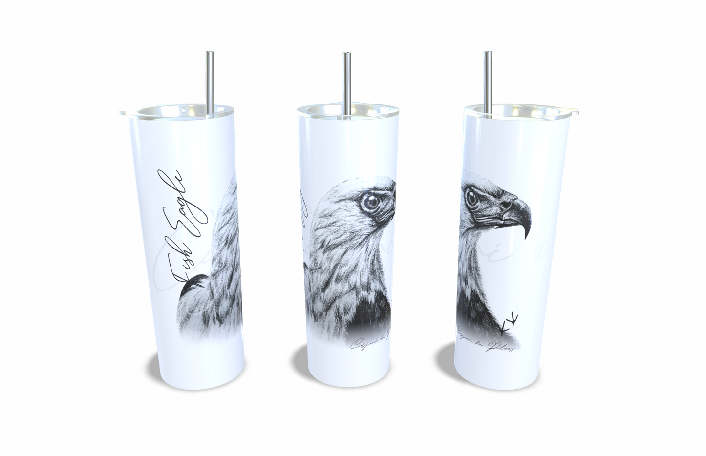 Fish Eagle 20oz Stainless Steel Tumbler full front view hand-drawn by Casjane du plooy art