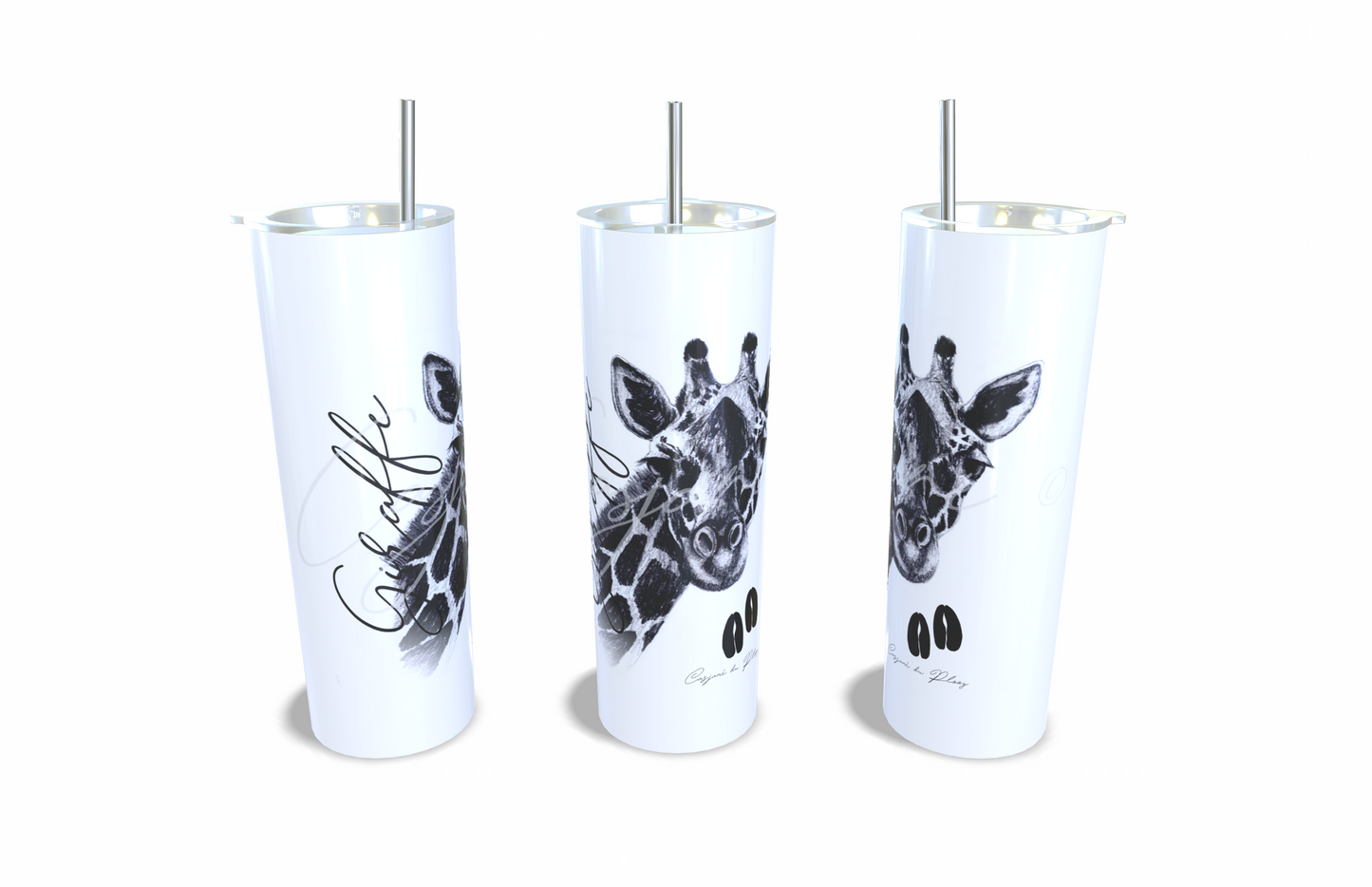 Giraffe 20oz Stainless Steel Tumbler full front view hand-drawn by Casjane du plooy art