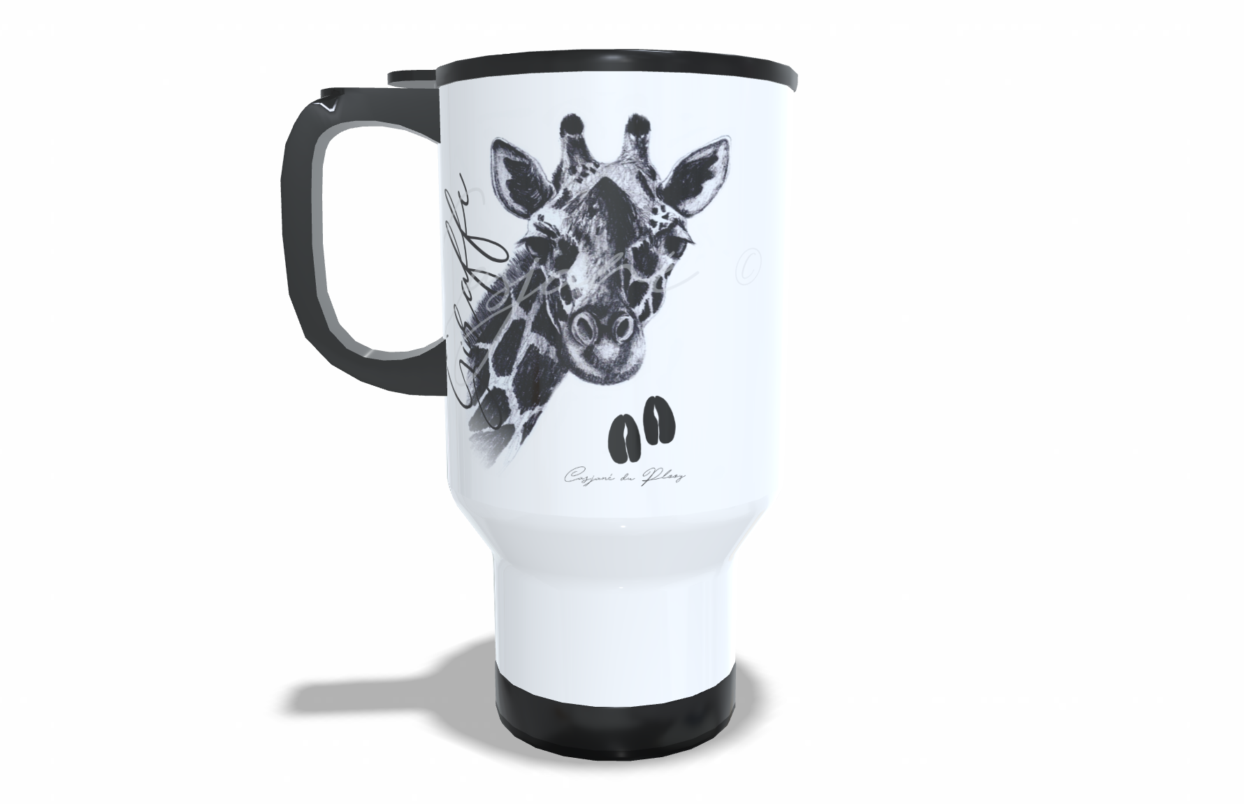 Giraffe Stainless Steel Travel Mug front view - Hand-Drawn by Casjané du Plooy Art