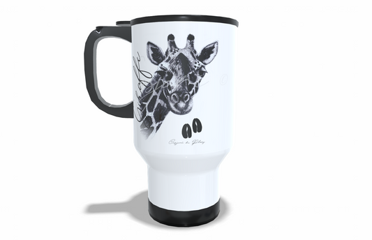 Giraffe Stainless Steel Travel Mug front view - Hand-Drawn by Casjané du Plooy Art