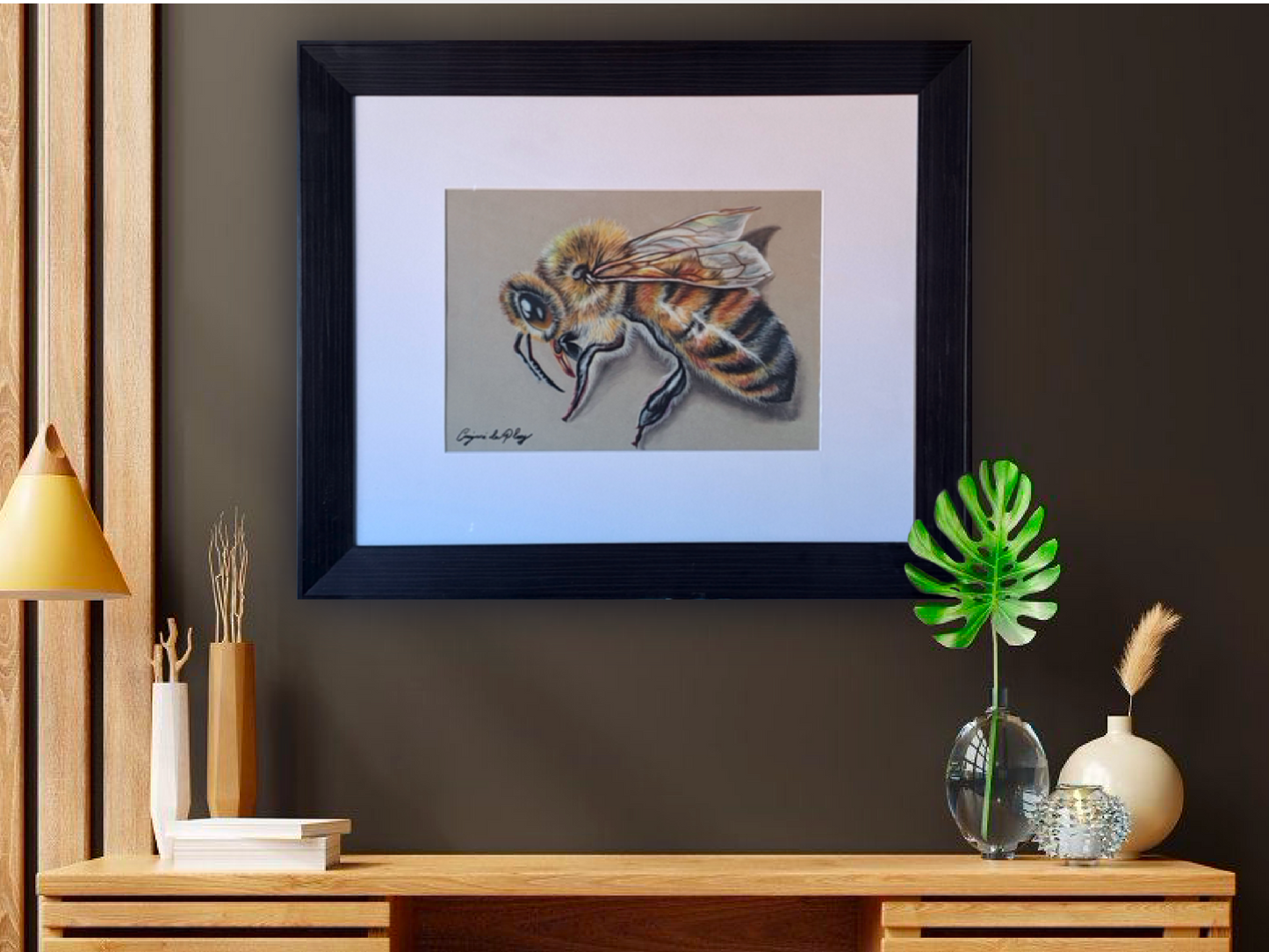 Hand sketched bee in pastel done by Casjané du plooy art on Darkwall