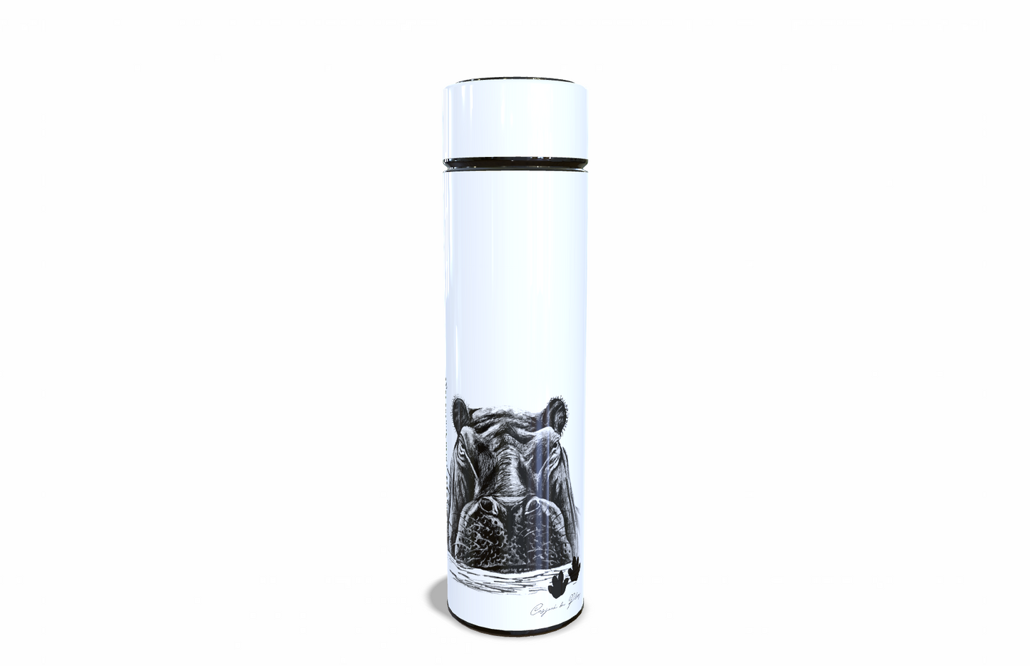Hippopotamus 450ml Thermal flasks front view - Hand-Drawn by Casjané du plooy Art