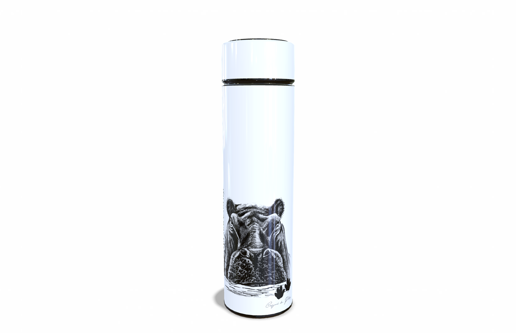 Hippopotamus 450ml Thermal flasks front view - Hand-Drawn by Casjané du plooy Art