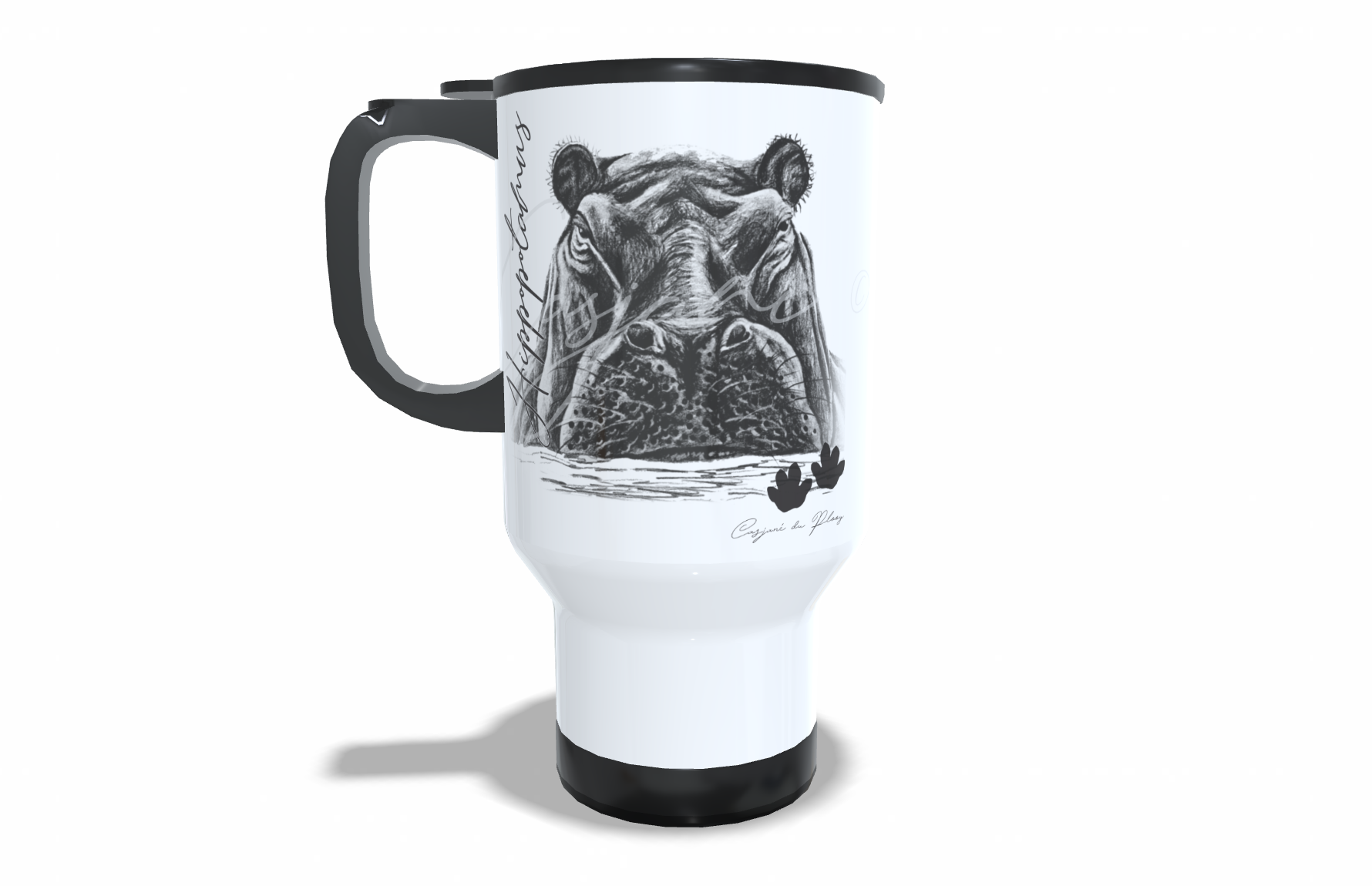 Hippopotamus Stainless Steel Travel Mug front view - Hand-Drawn by Casjané du Plooy Art