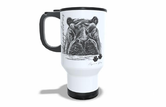 Hippopotamus Stainless Steel Travel Mug front view - Hand-Drawn by Casjané du Plooy Art