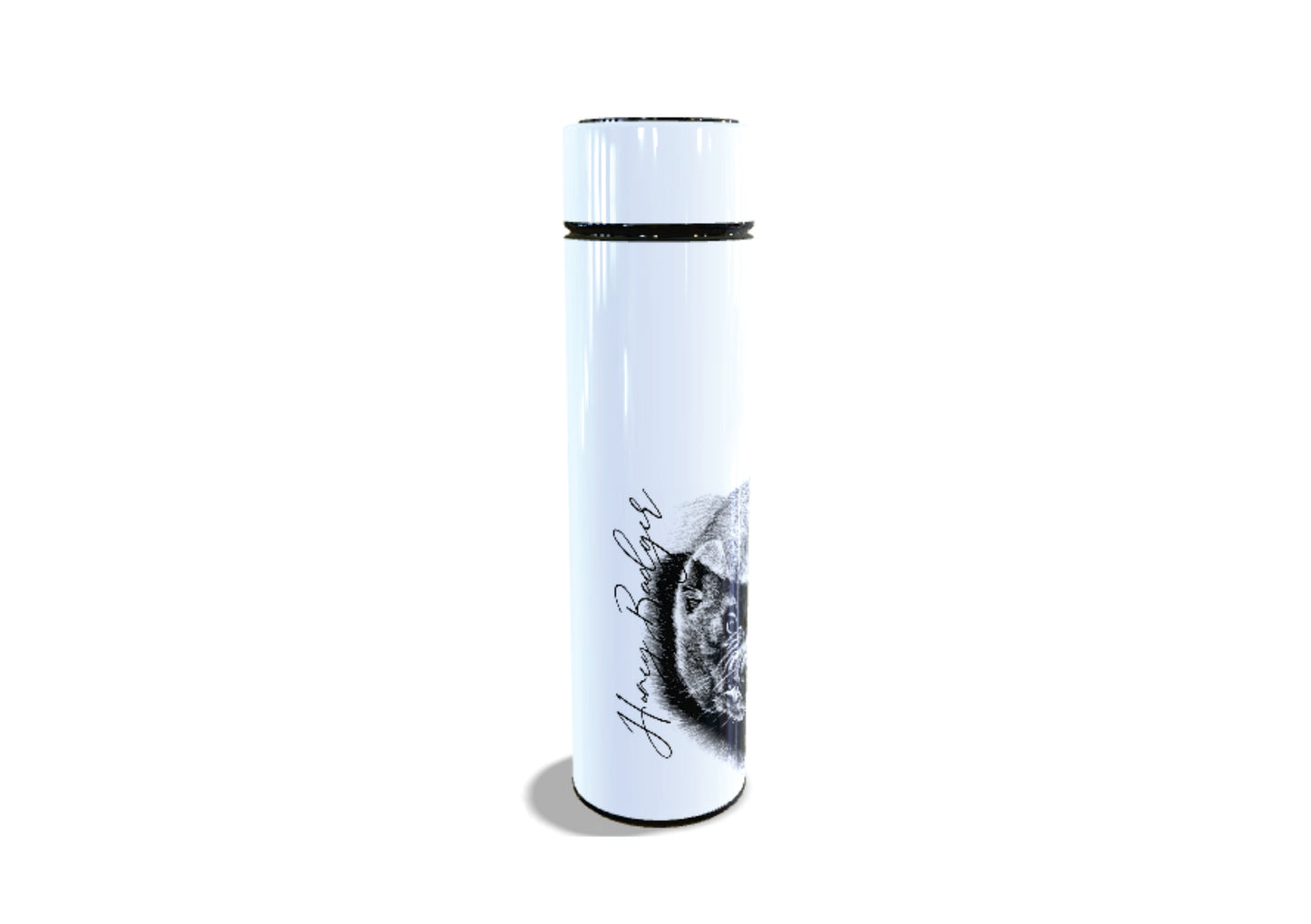 Honey Badger 450ml Thermal flasks left view - Hand-Drawn by Casjané du plooy Art