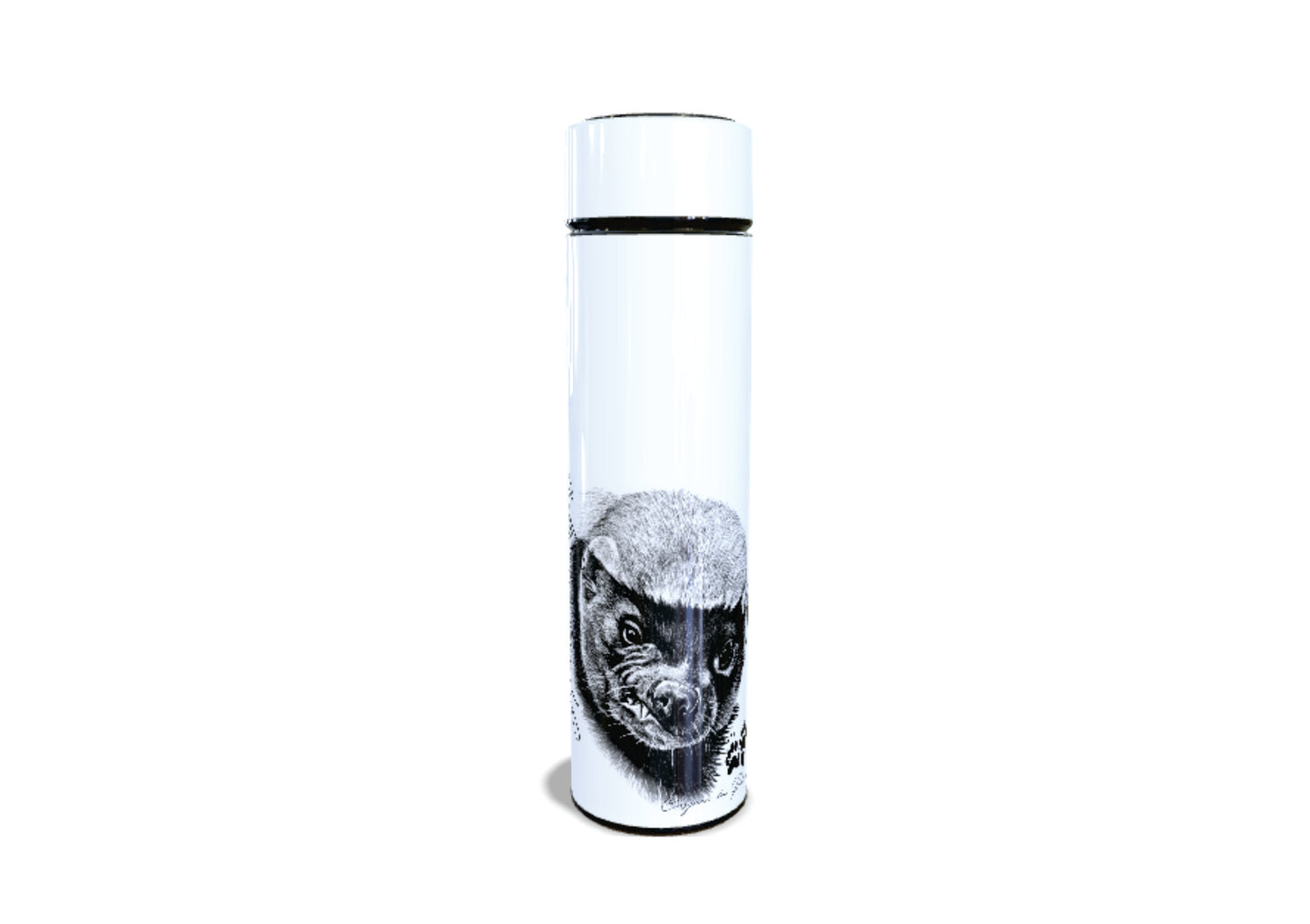 Honey Badger 450ml Thermal flasks top view - Hand-Drawn by Casjané du plooy Art