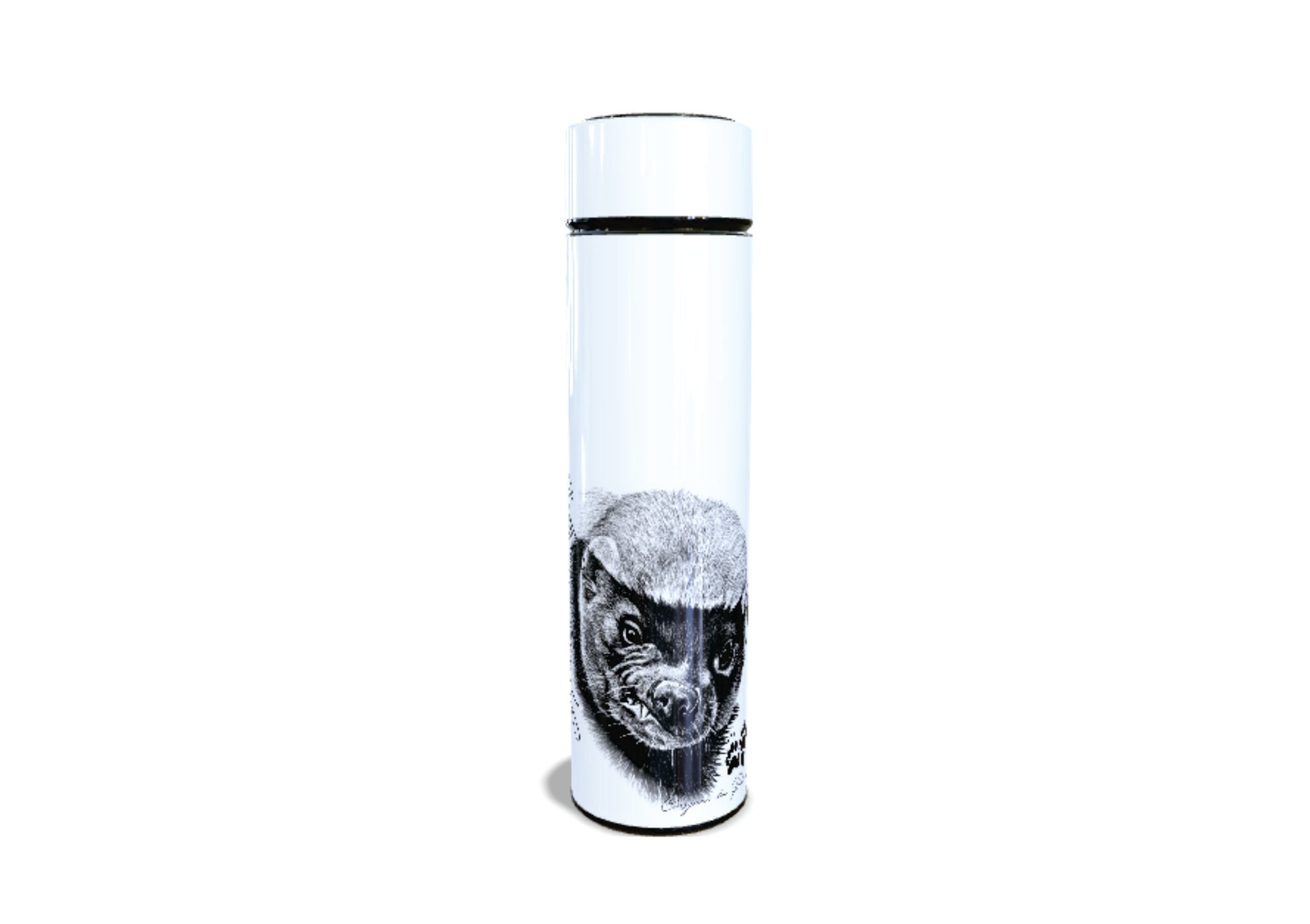Honey Badger 450ml Thermal flasks top view - Hand-Drawn by Casjané du plooy Art