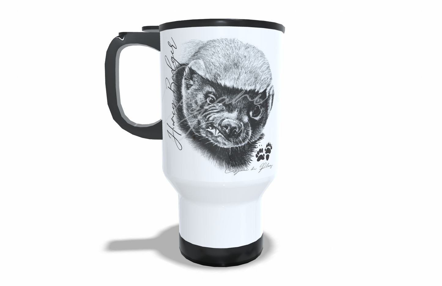 Honey Badger Stainless Steel Travel Mug front view - Hand-Drawn by Casjané du Plooy Art