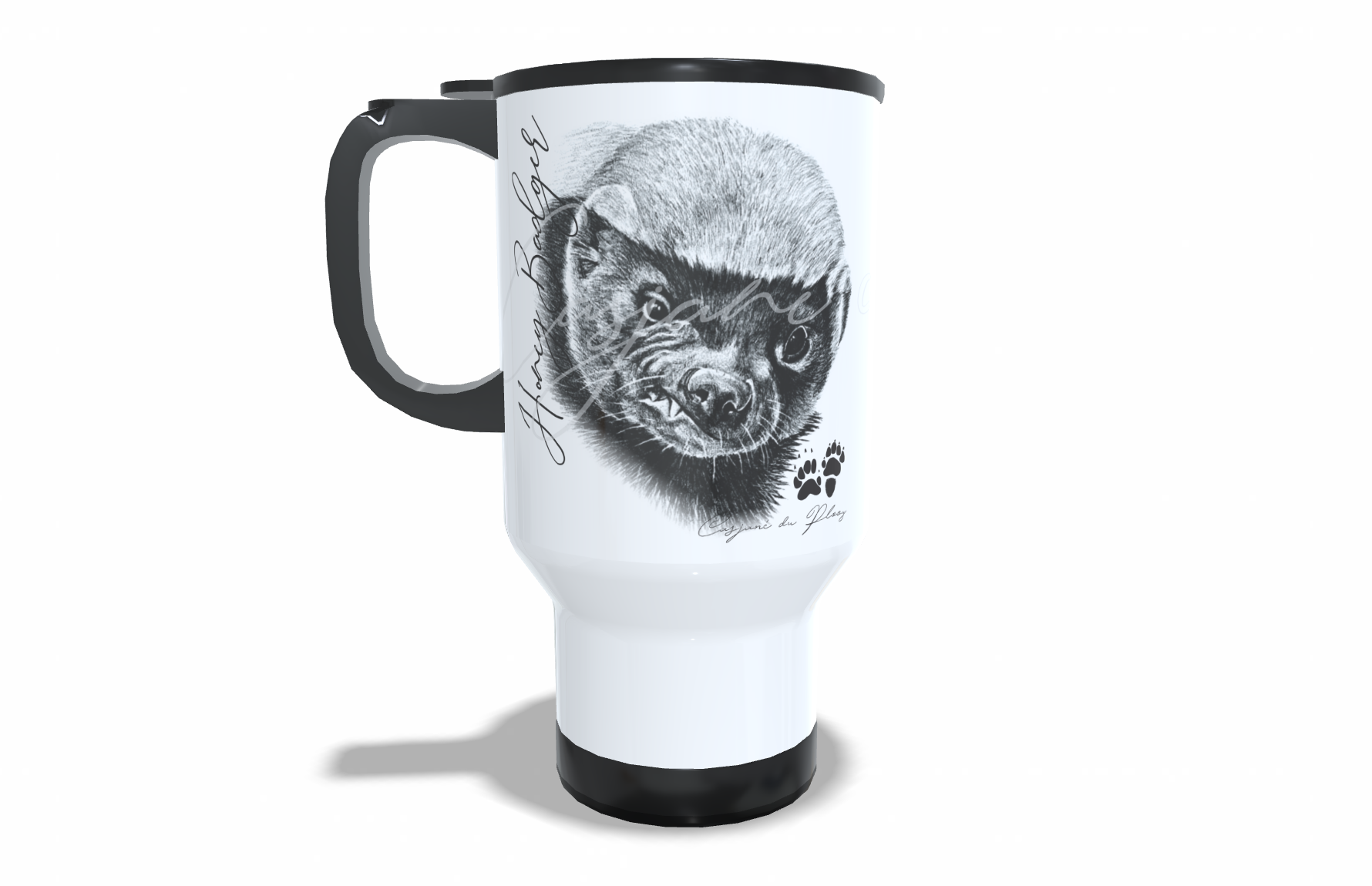 Honey Badger Stainless Steel Travel Mug front view - Hand-Drawn by Casjané du Plooy Art
