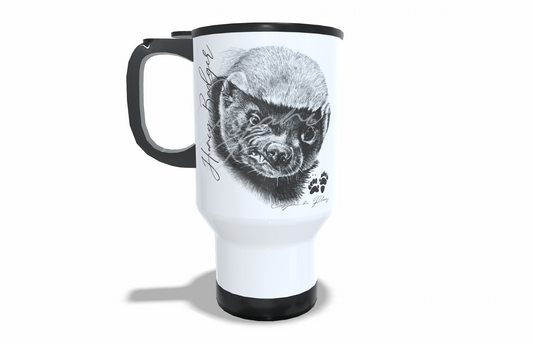 Honey Badger Stainless Steel Travel Mug front view - Hand-Drawn by Casjané du Plooy Art