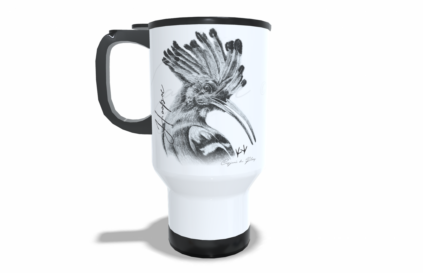 Hoopoe Stainless Steel Travel Mug front view - Hand-Drawn by Casjané du Plooy Art