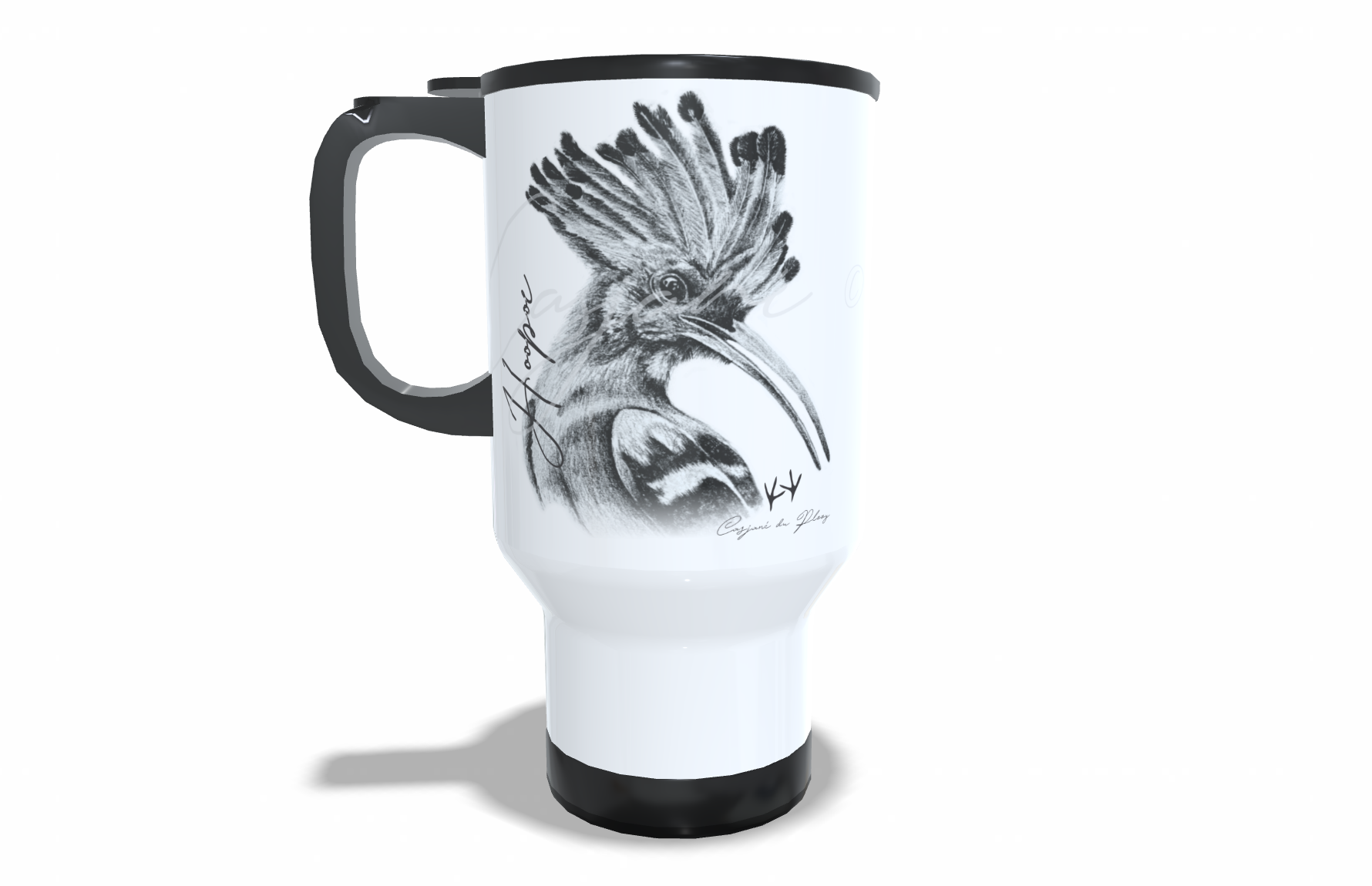 Hoopoe Stainless Steel Travel Mug front view - Hand-Drawn by Casjané du Plooy Art